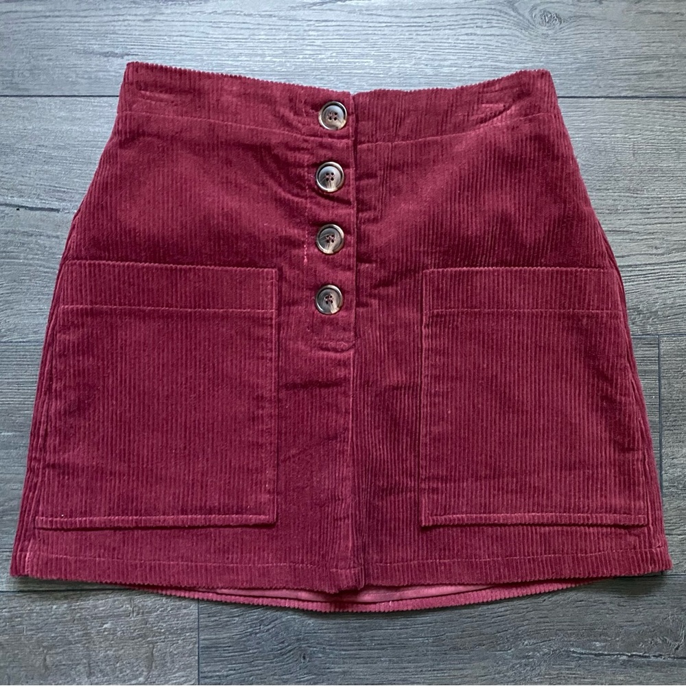 Pink Lily Button-Front Corduroy Maroon Mini Skirt Fall Academia Size Small NWOT